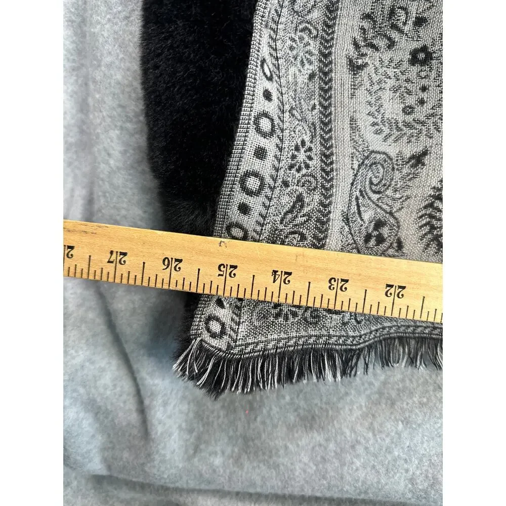 Paisley Pashmina Wrap Faux Fur Collar Black Fringe